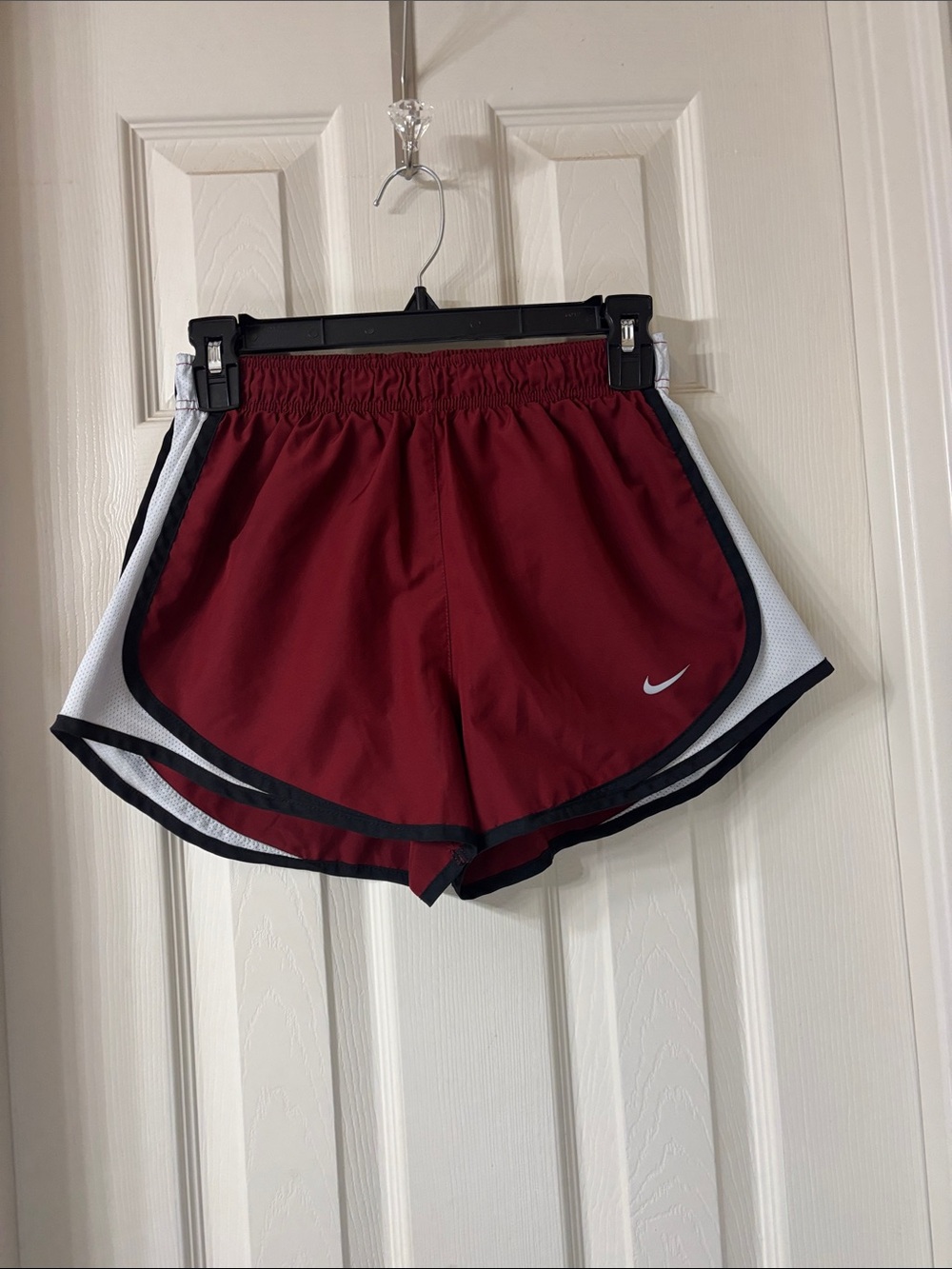 Nike Women's Maroon Athletic Shorts with White Panels and Black Trim